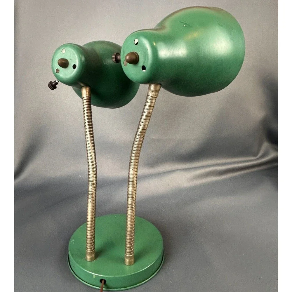 MCM Double Gooseneck Leviton Green Metal Desk Working Table Light Lamp